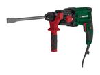 A green and red rotary hammer drill with a chisel bit attached.