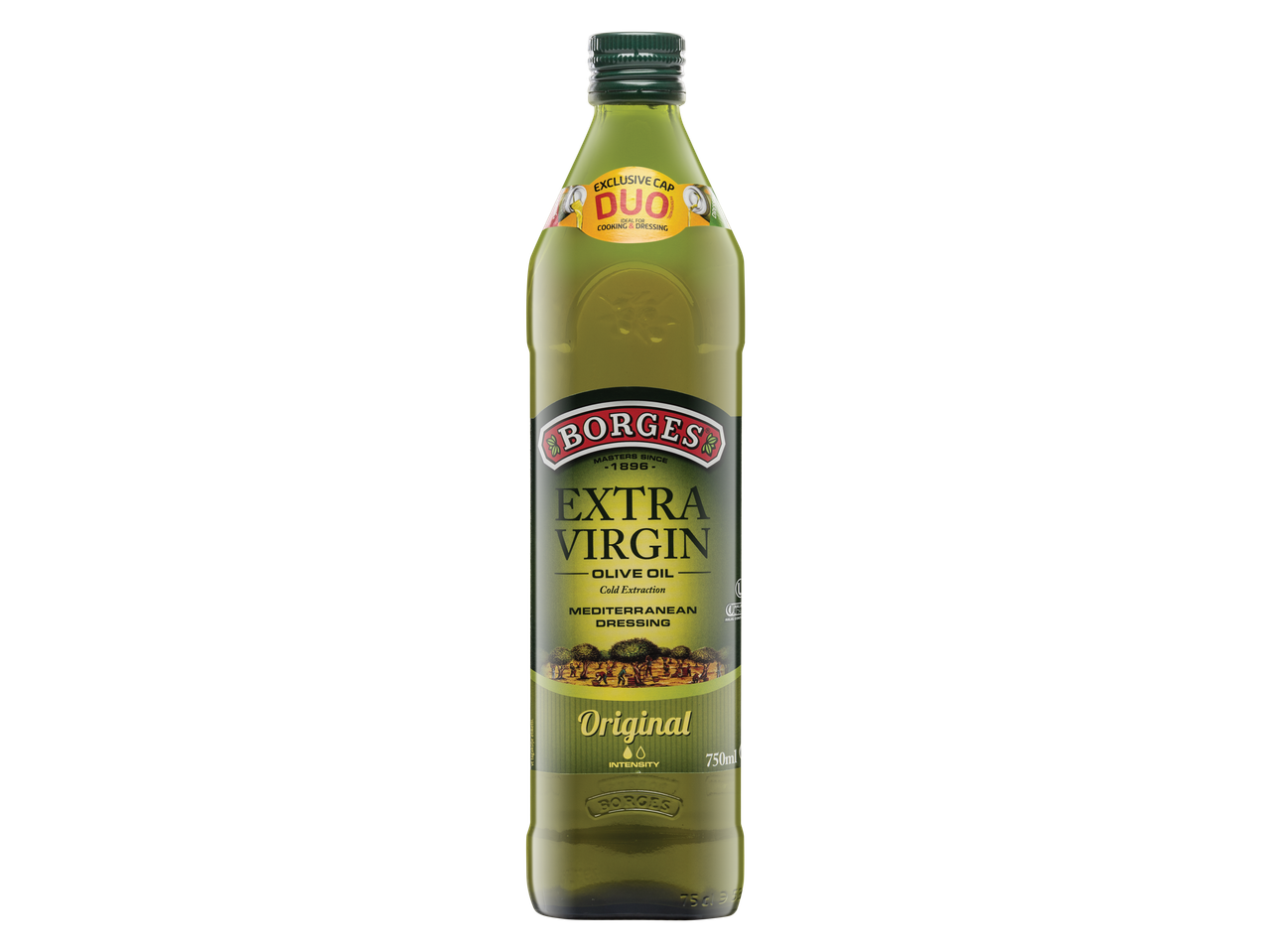 BORGES Ekstra vääris- oliiviõli butelis su užrašu „Exclusive Cap Duo“ ir „Original“.