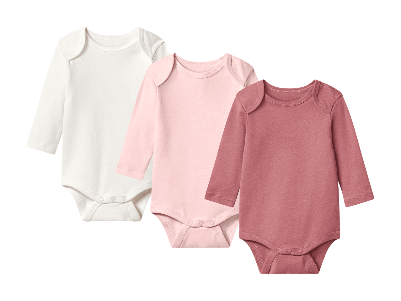 Tre langærmede babybodystockings i hvid, lyserød og mørk rosa.