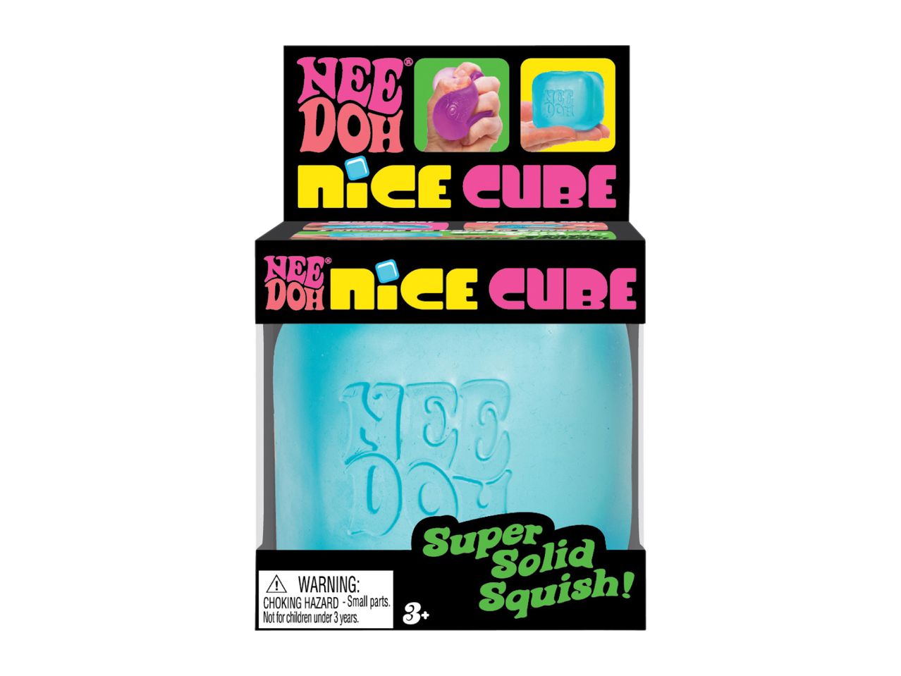 A light blue squishy cube in packaging, labeled 'Super Solid Squish!' with a choking hazard warning.