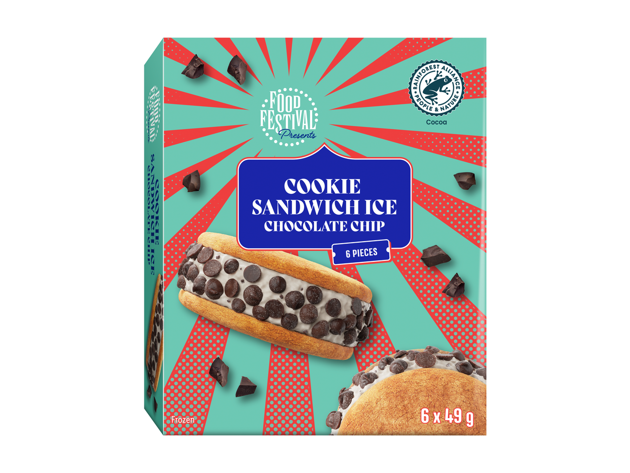 Food Festival Chocolate Chip Cookie Sandwich IJs, 6 stuks, 6x49g, Rainforest Alliance gecertificeerde cacao.