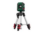 A green and black laser level on a silver and black tripod with red accents.
