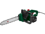 Electric chainsaw with a long silver blade and a green body, featuring an auto-stop function.