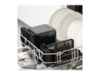 Dishwasher rack with black containers and white plates