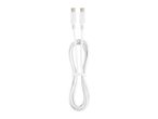 White USB-C to USB-C charging and data cable, coiled and secured with a strap.