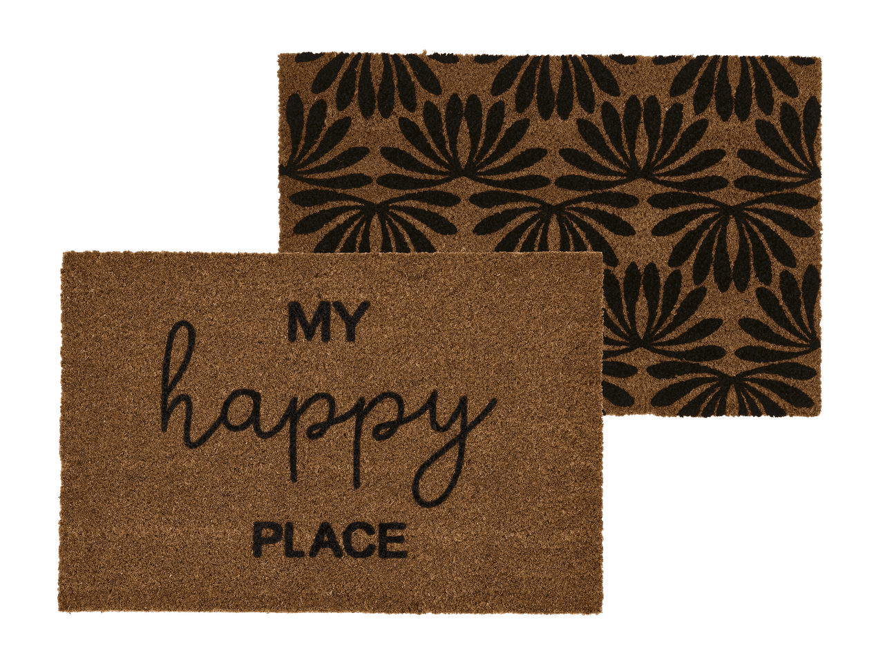 Dva rjava predpražnika, eden z napisom »MY happy PLACE«, drugi z vzorcem listov.
