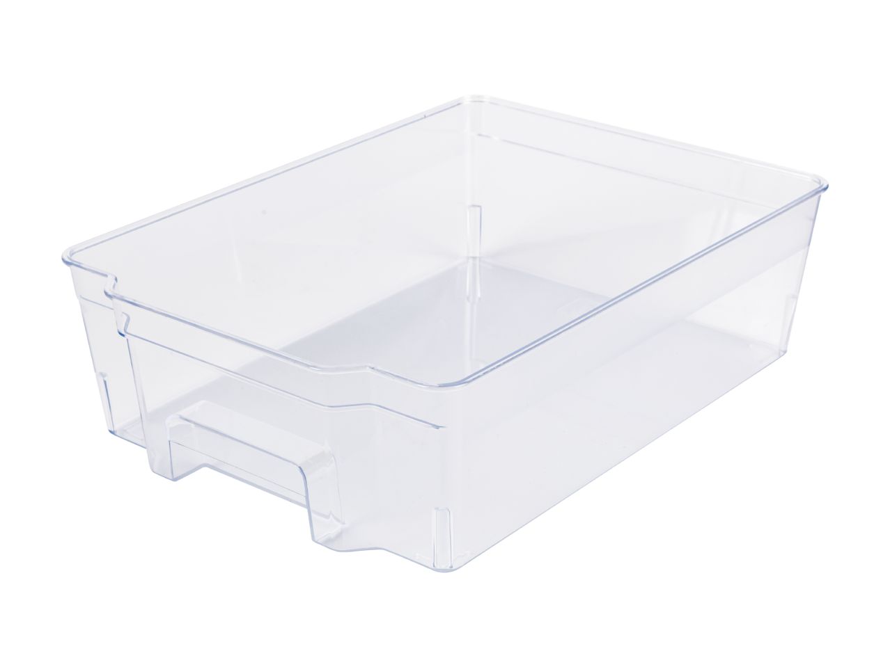 En gennemsigtig plastikopbevaringsbakke til køleskabet.