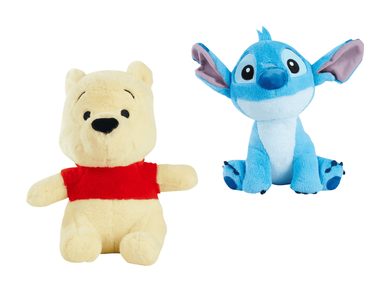 Deux peluches, une jaune avec un t-shirt rouge et une bleue, assises sur fond noir.