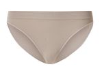 Beige ribbed women's briefs with a high-cut leg and wide waistband.