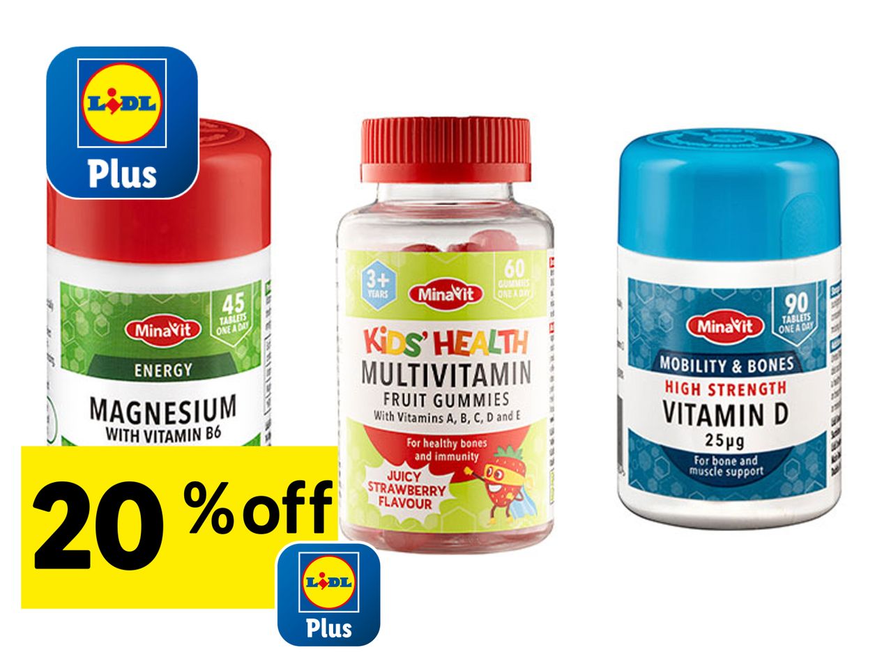 Lidl Plan vitamins: Magnesium, Kids Multivitamin gummies, Vitamin D
