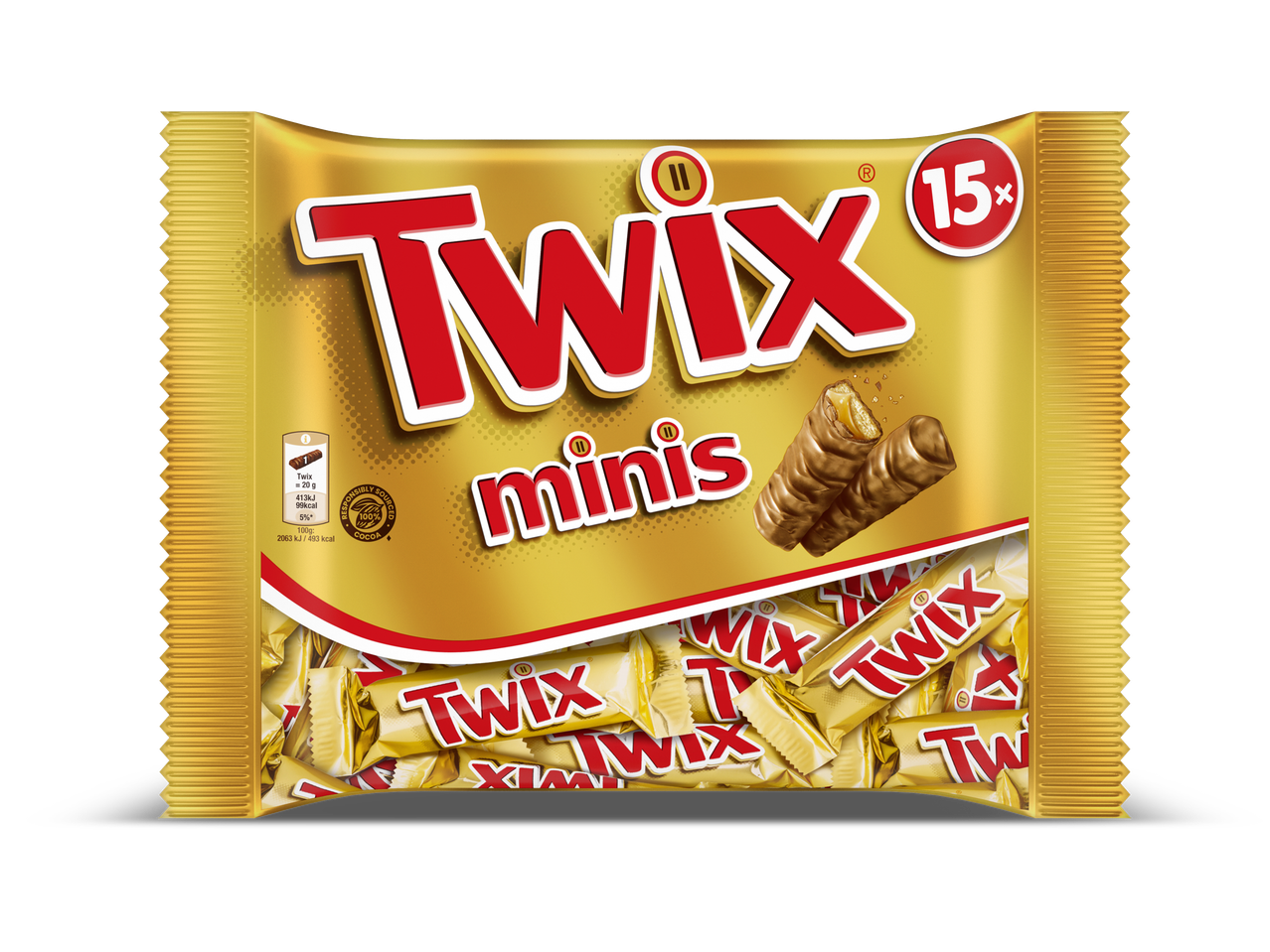 Goudkleurige verpakking met 15 mini chocoladerepen, met de tekst 'minis' en voedingsinformatie.