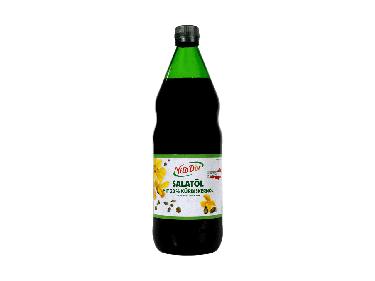 Flasche Salatöl mit 20% Kürbiskernöl, hergestellt in Österreich, auf schwarzem Hintergrund.