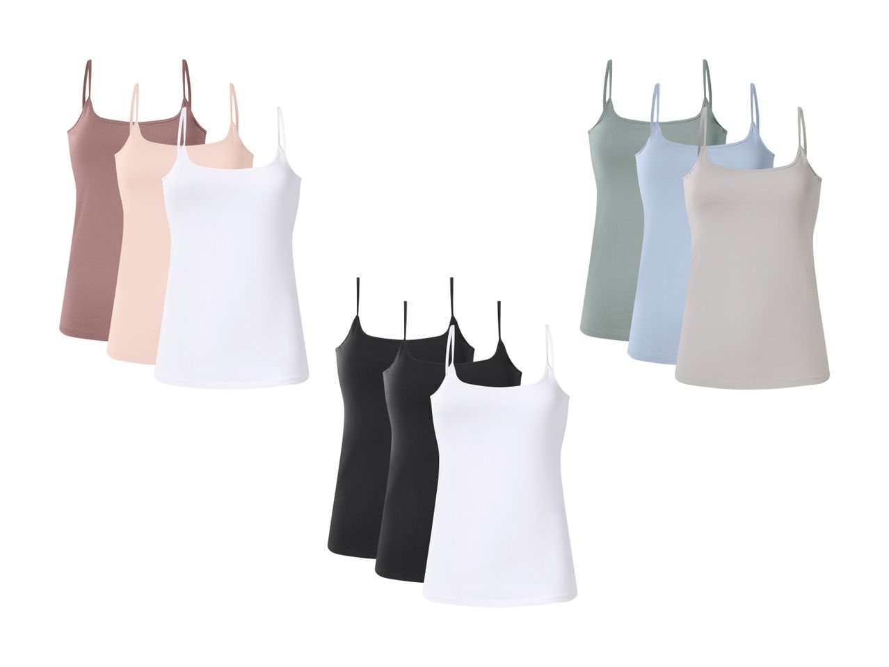 Sæt med 9 camisole-toppe i forskellige farver, herunder hvid, sort, beige, brun, grå og blå.