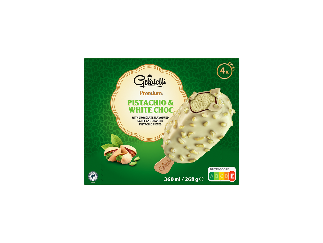 Gelatelli prémium pisztácia és fehér csokoládés jégkrém (4 db).