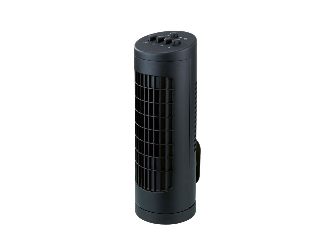Black tower fan with control buttons on top, including power, speed, and oscillation.