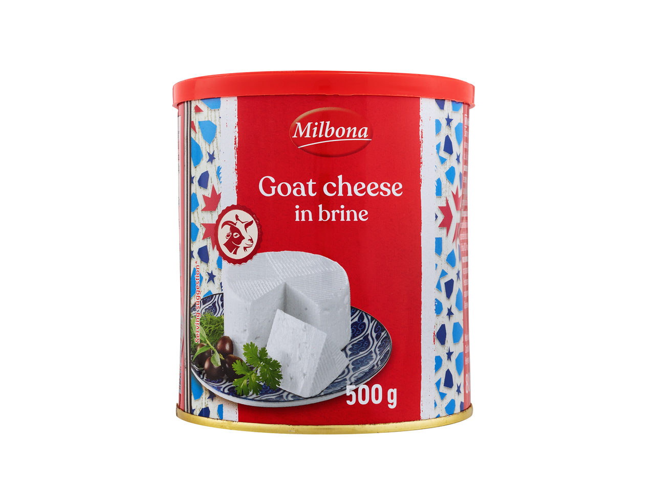 Brânză de capră Milbona în saramură, 500g, într-o cutie roșie cu model albastru.