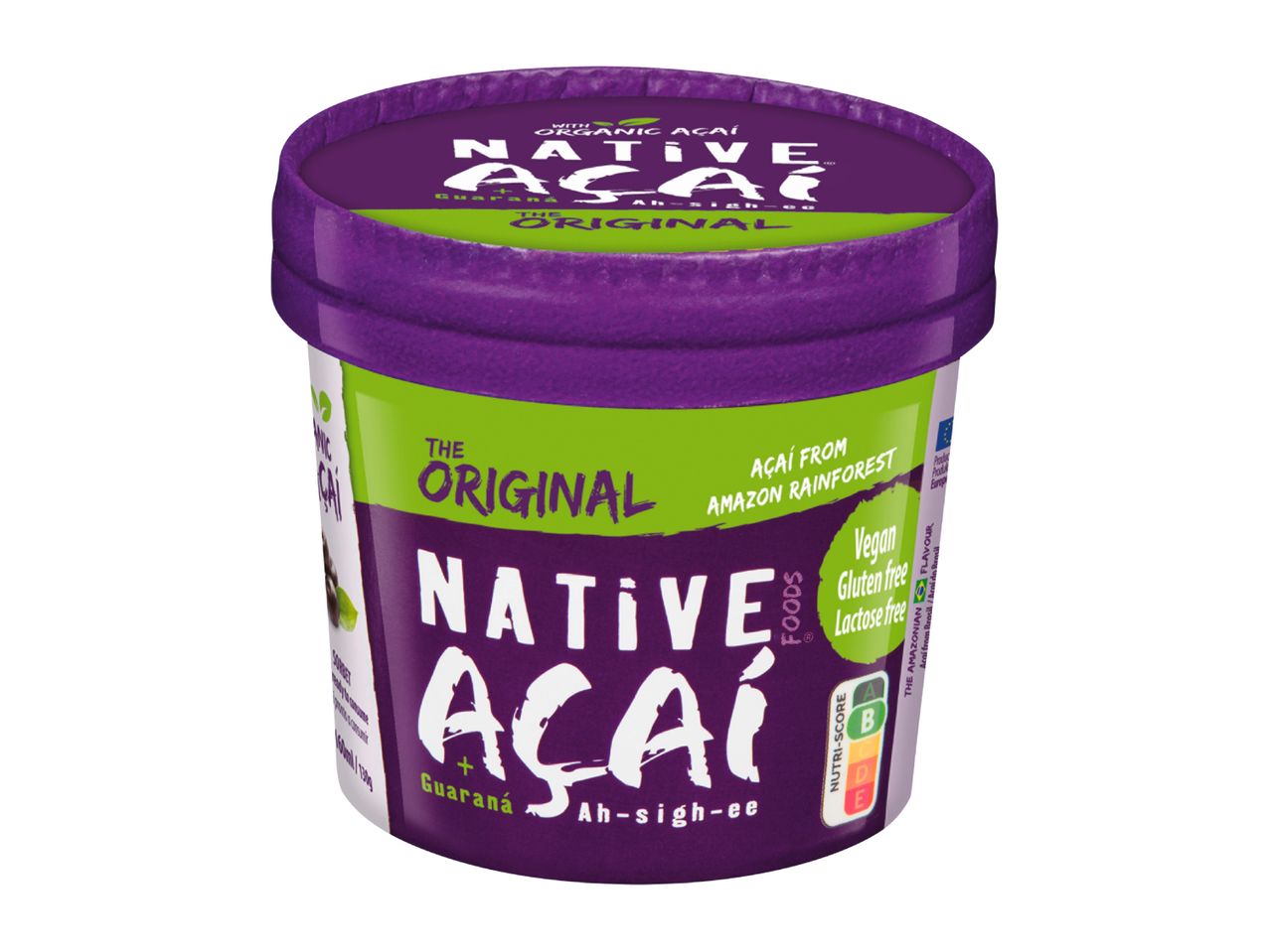 Purple and green acai sorbet tub with text 'The Original Native Acai + Guarana' and Nutri-score B.