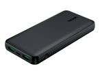 Black power bank with multiple charging ports and a power button.