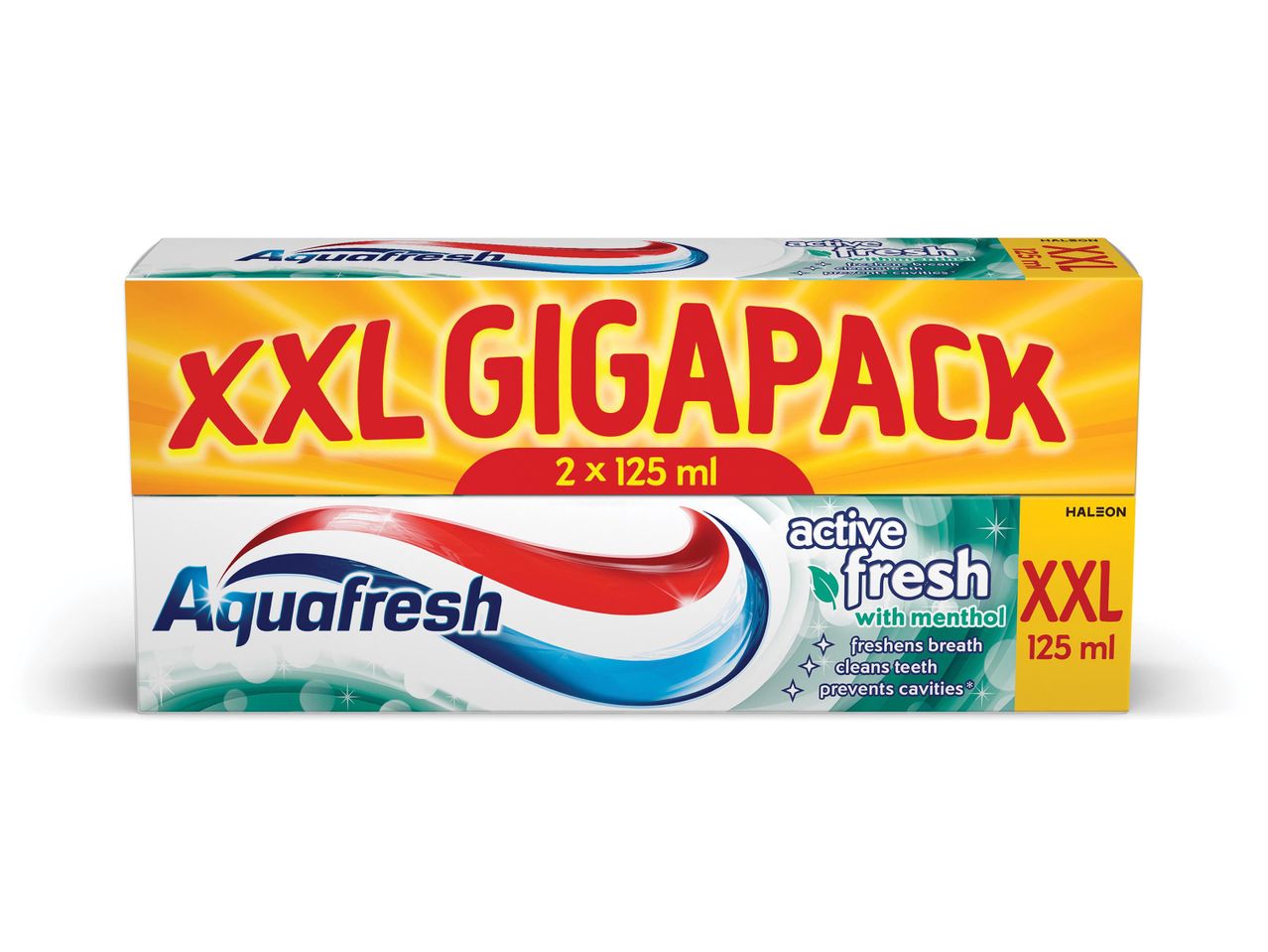 Aquafresh XXL Gigapack fogkrém, 2 x 125 ml, aktív frissítő mentollal.