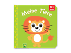 Kinderbuch „Meine Tiere“ mit einem Löwen auf grünem Hintergrund, empfohlen ab 12 Monaten.
