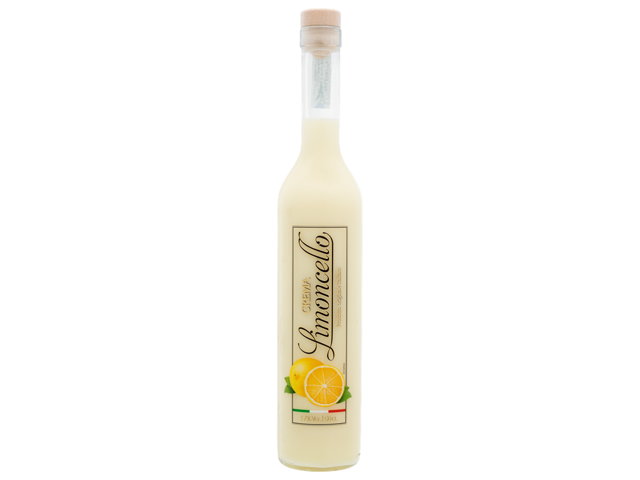 Garrafa de licor cremoso de limoncello com uma ilustração de limão no rótulo.