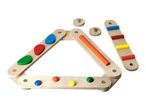 Wooden Montessori toy with colorful shapes and pegs, forming a triangle and a separate bar.
