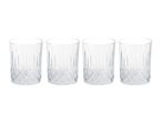 Four clear glass tumblers with a textured diamond pattern on the lower half.