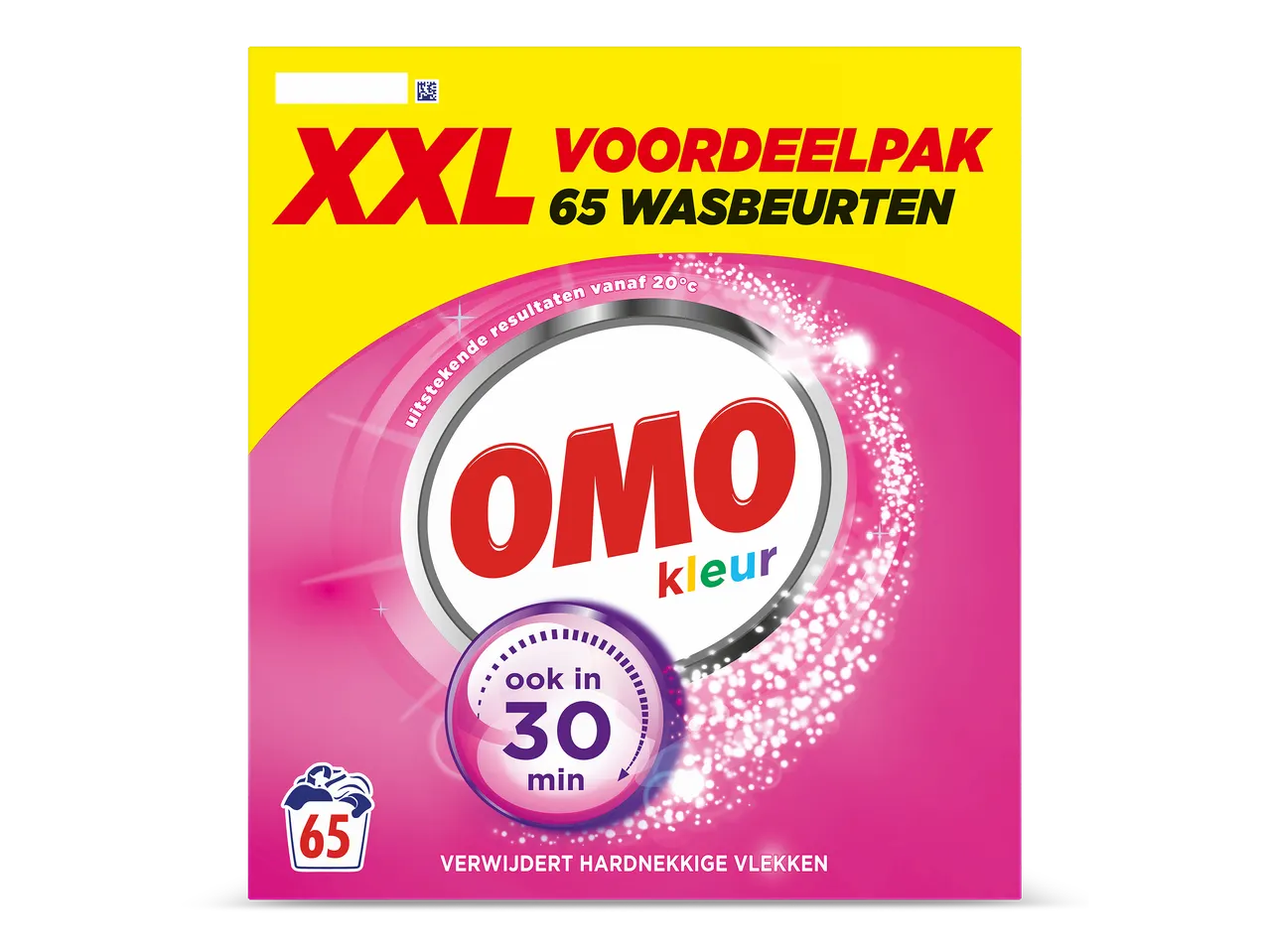 Verpakking wasmiddel voor 65 wasbeurten, verwijdert hardnekkige vlekken, ook in 30 minuten.