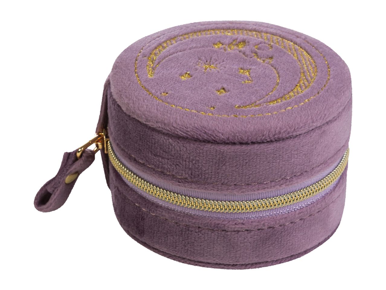 A purple velvet round jewelry box with a gold zipper and moon and stars embroidery.