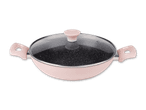 Rosa Wok-Pfanne mit Glasdeckel und marmorierter Beschichtung.