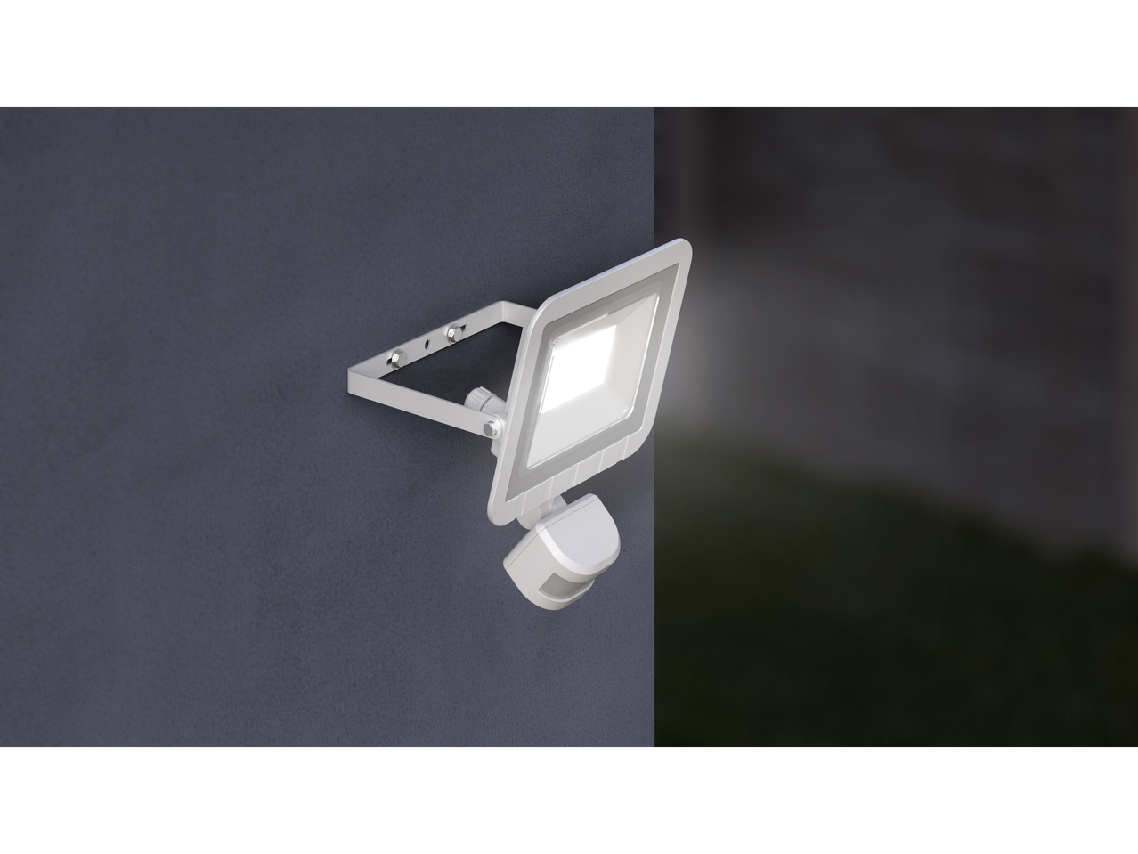 A white LED motion sensor light fixture mounted on a dark gray wall.