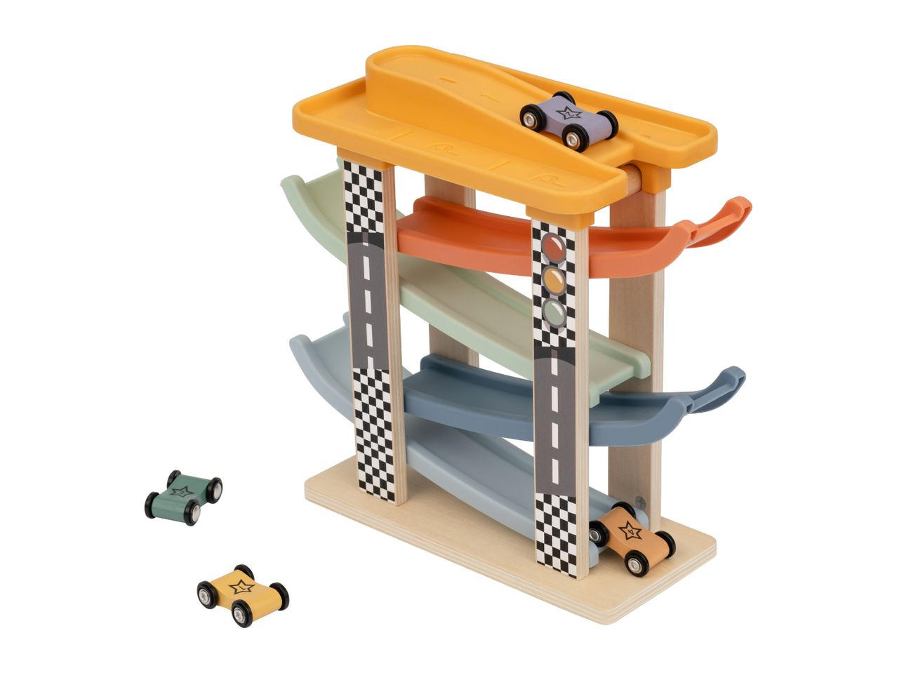 Wooden car ramp toy with four colorful tracks and four small wooden race cars.