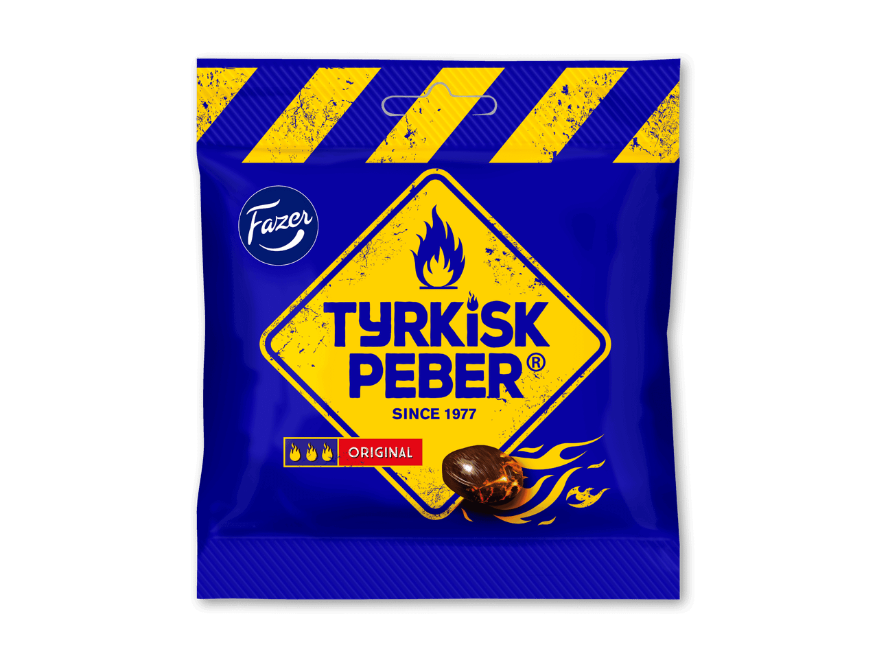Blå pose med tyrkisk peber slik, gul advarselstrekant med flammer og teksten 'ORIGINAL'.
