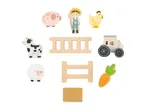 Wooden farm animal and farmer play pieces, including a pig, cow, sheep, chicken, tractor, carrot, and fences.