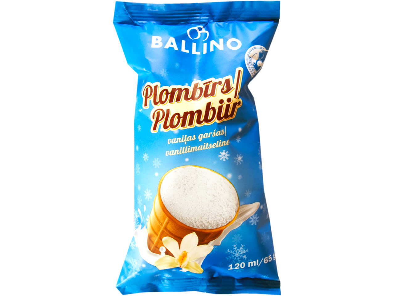 Attēlā redzama Ballino Plombīrs/Plombir vaniļas saldējuma porcija iepakojumā.