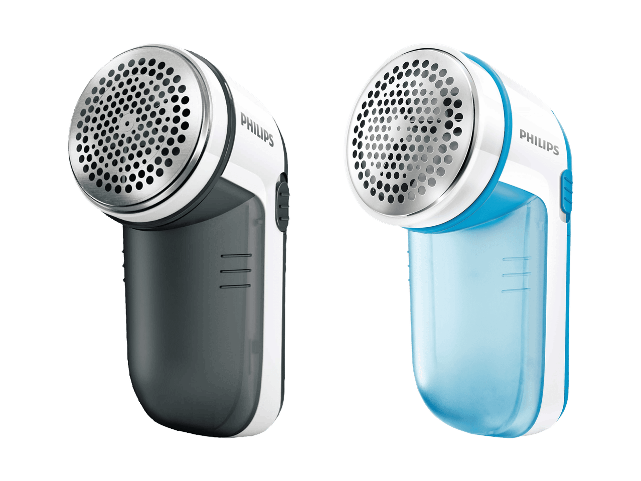 Deux rasoirs anti-bouloches électriques, un gris et un bleu, avec des têtes métalliques perforées.