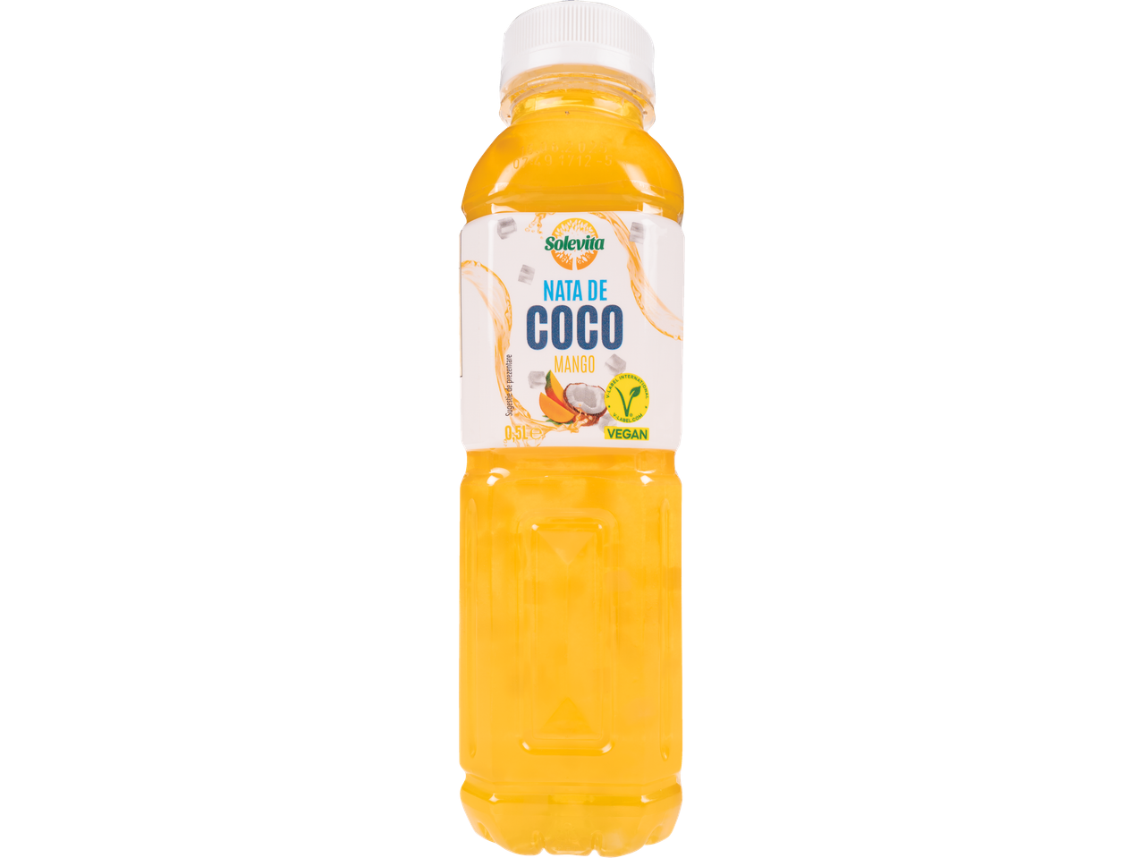 Băutura vegană de cocos cu mango Solevita, într-o sticlă de plastic.