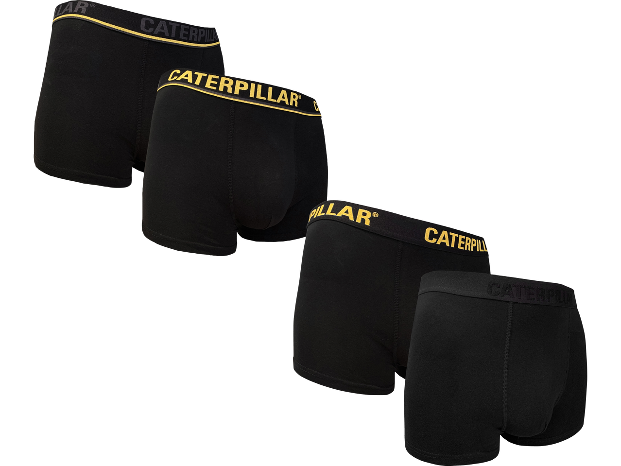Fyra svarta boxershorts med gula midjeband och text.