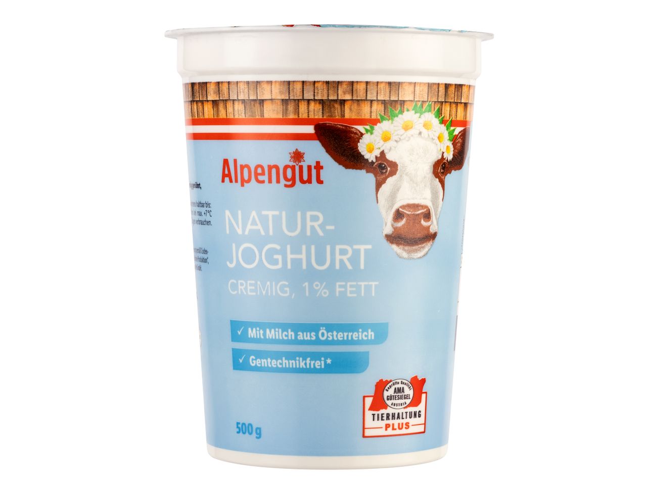 Alpengut Naturjoghurt mit 1% Fett, hergestellt mit Milch aus Österreich und gentechnikfrei.