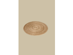 Round braided jute placemat on a light beige background.