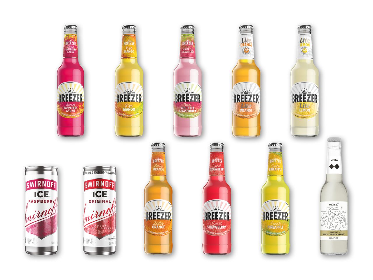 Forskellige flasker og dåser med farverige, smagfulde alkoholiske drikkevarer.