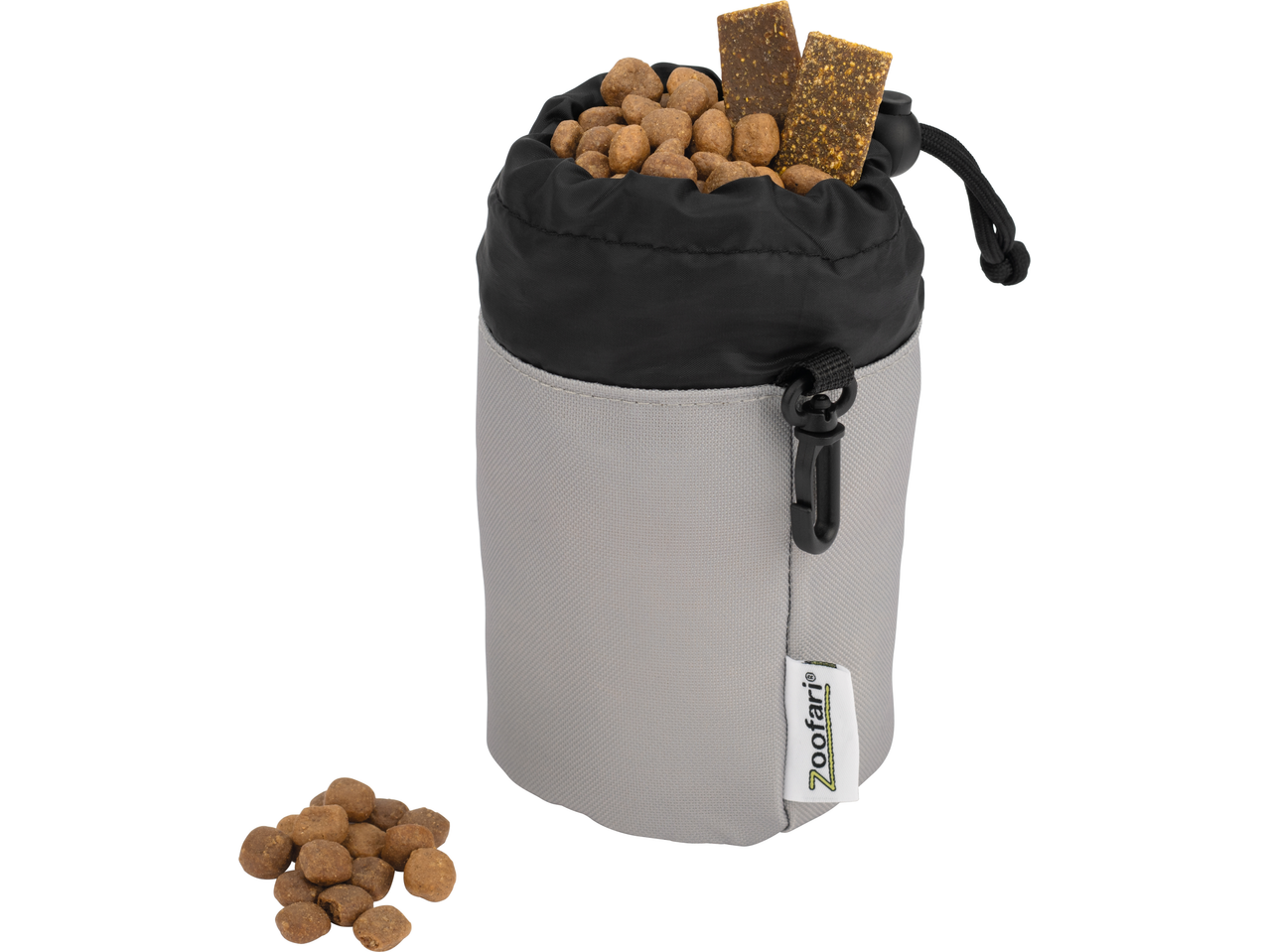 Grijze en zwarte snacktas voor huisdieren met brokjes en reepjes.