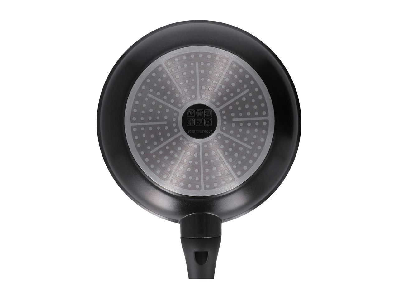 Bottom view of a black frying pan with a silver-colored induction base and a black handle.