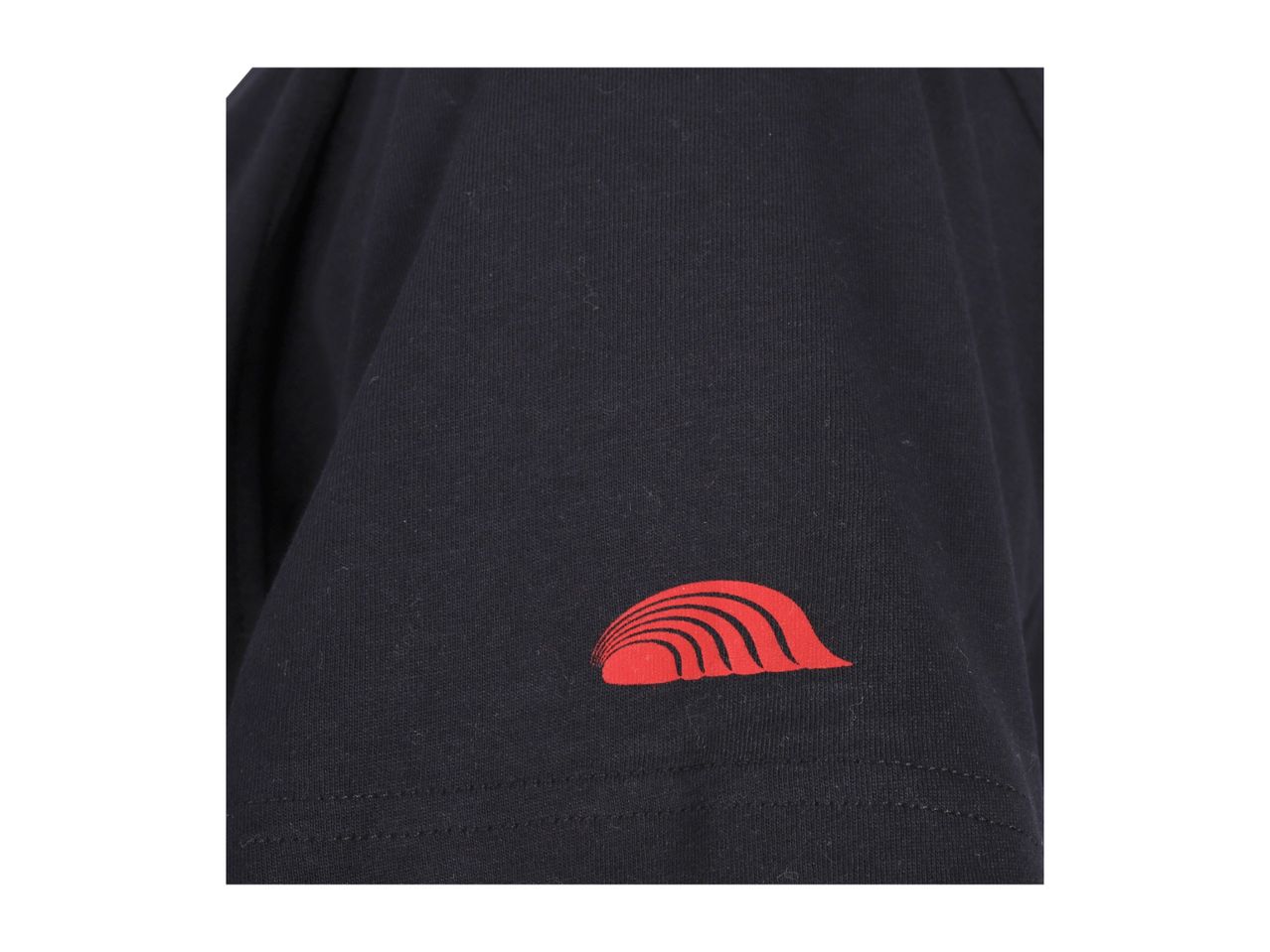 Close-up of a black t-shirt sleeve with a red wave-like logo.