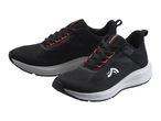 Pair of black and coral athletic shoes with white soles