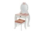White and pink wooden toy dressing table with mirror, stool, and cushion, featuring bow and polka dot details.
