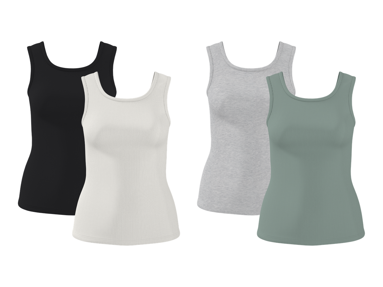 Četiri ženske rebraste potkošulje u crnoj, bijeloj, sivoj i zelenoj boji.