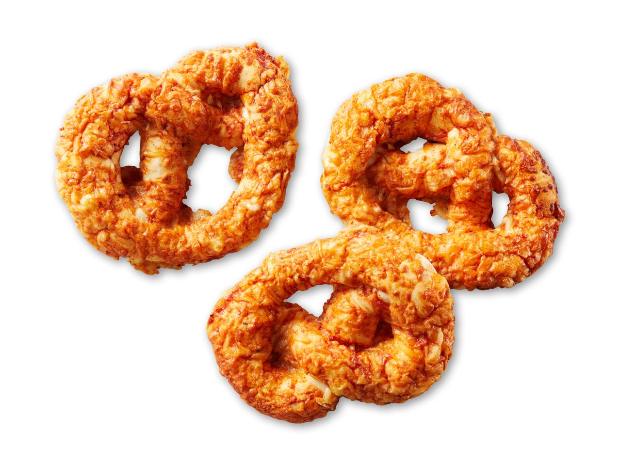 Tre ostebagels med en sprød, gyldenbrun overflade.