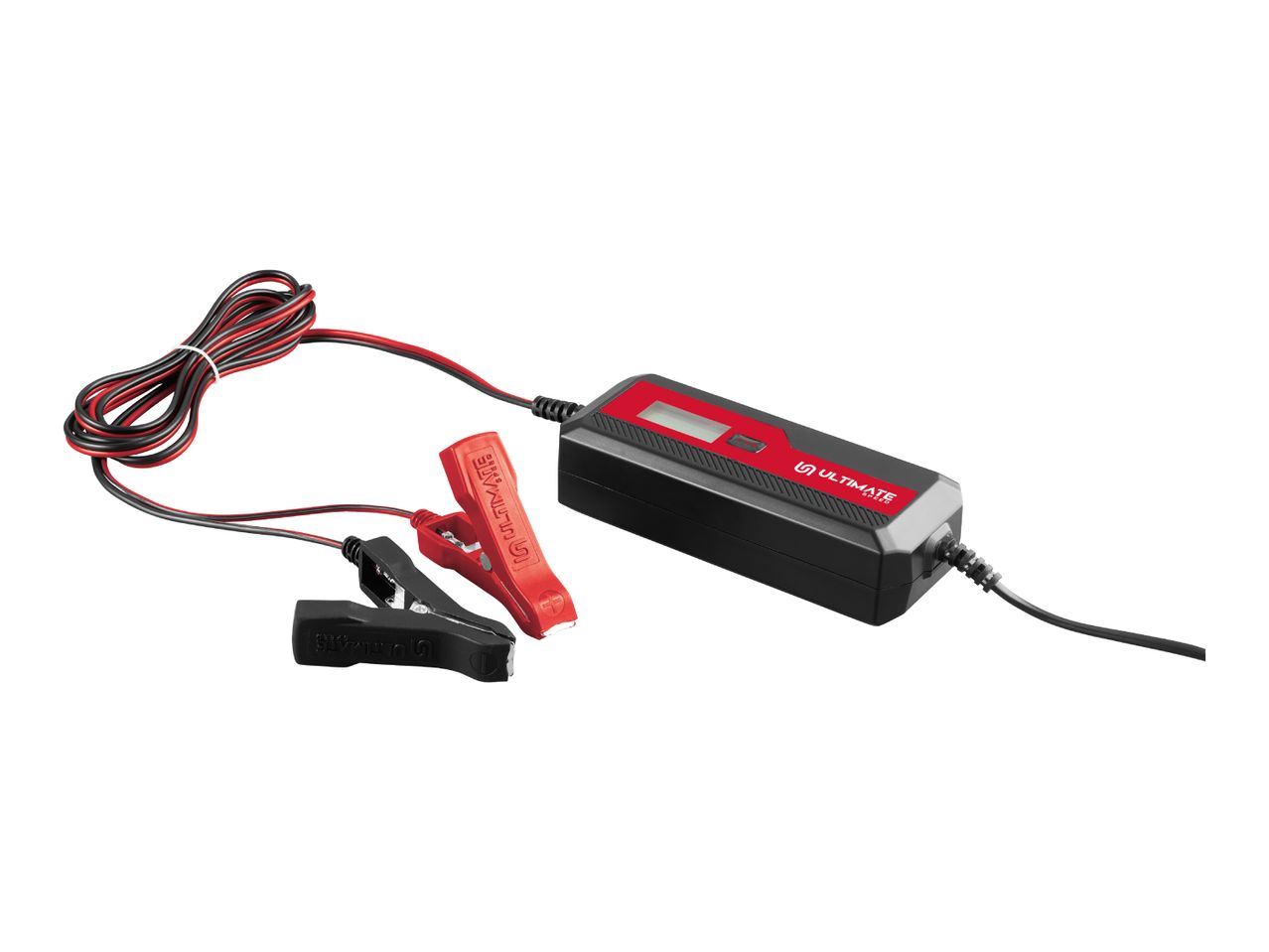 A black and red battery charger with clamps and coiled wires.