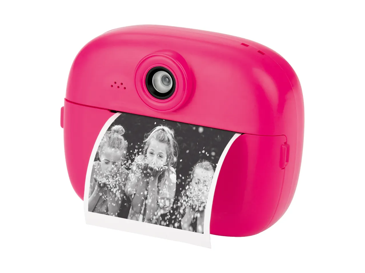 Pink instant camera with a black and white photo of three girls blowing confetti.